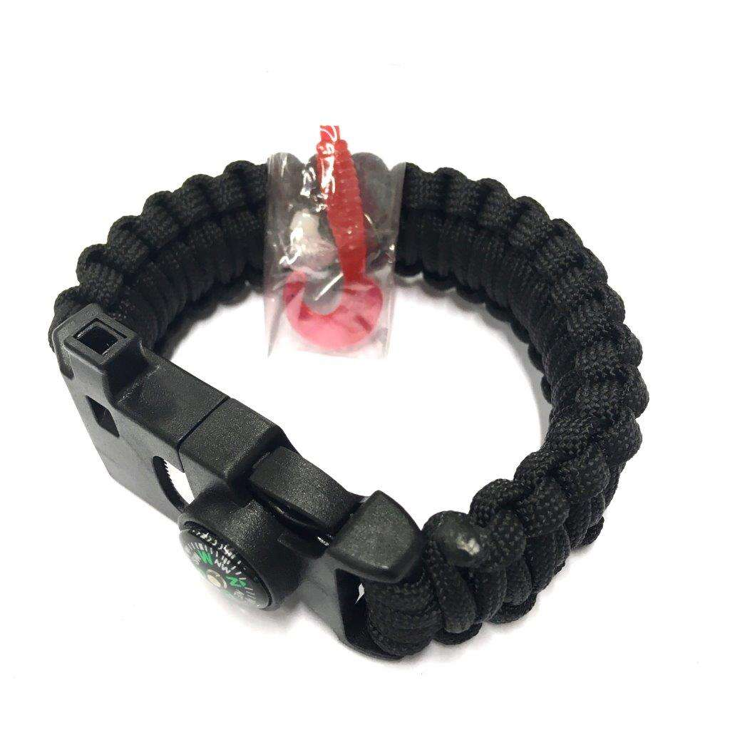 Armband av Paracord tändstål kompass och vissla - svart