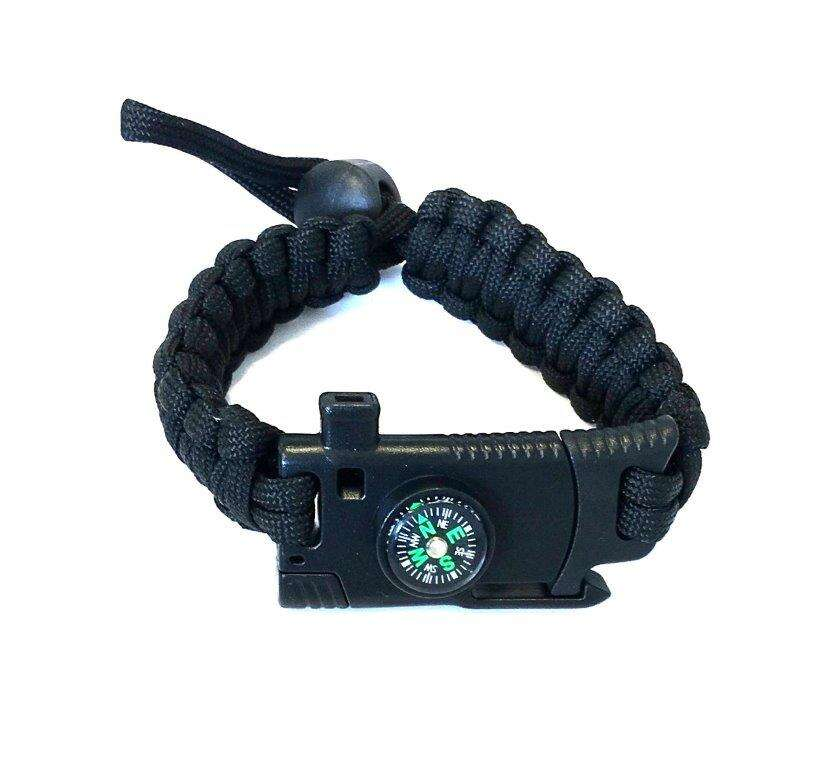 Ställbart Armband av Paracord tändstål kompass, kniv och vissla - svart