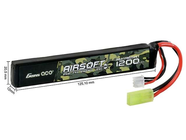 Gens Ace 25C 1200mAh 2S1P 7.4V Airsoft LiPo Battery mini Tamiya