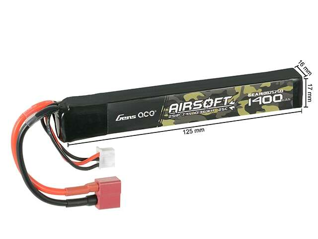 Gens Ace 25C 1400mAh 2S1P 7.4V Airsoft LiPo Battery T Plug