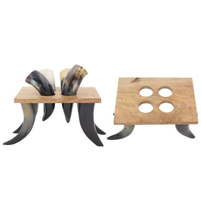 Medieval Warrior - 4-PC Drinking Horn Set With Wooden Stand - DHS-002