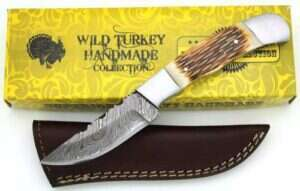 Wild Turkey - Handmade Damascus Burned Bone Handle Fixed Blade - DM-769