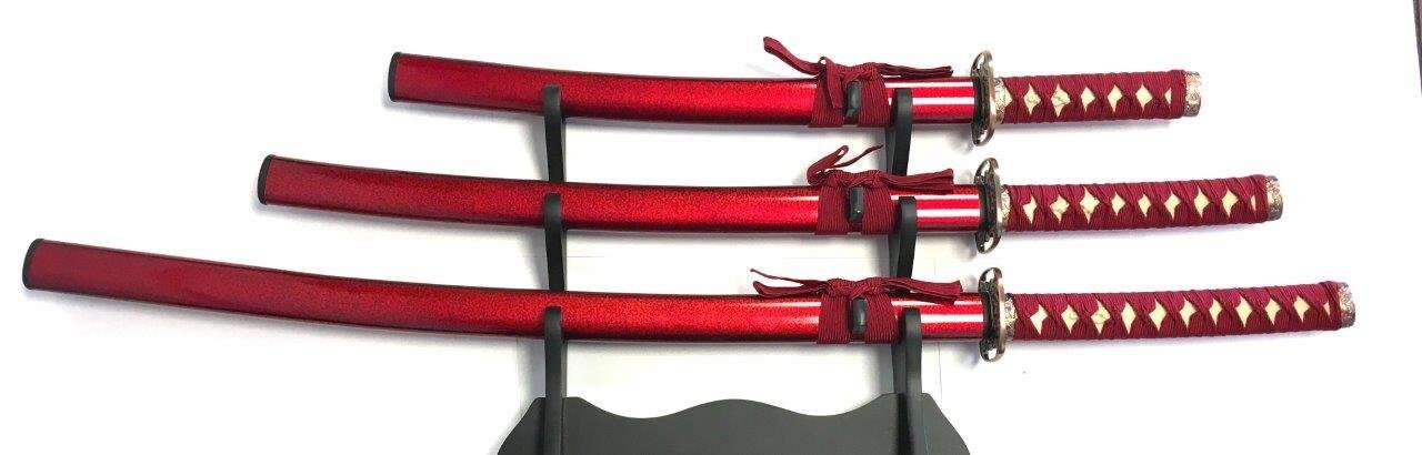 DECORATIVE SAMURAI SET OF 3 SWORDS AND STAND