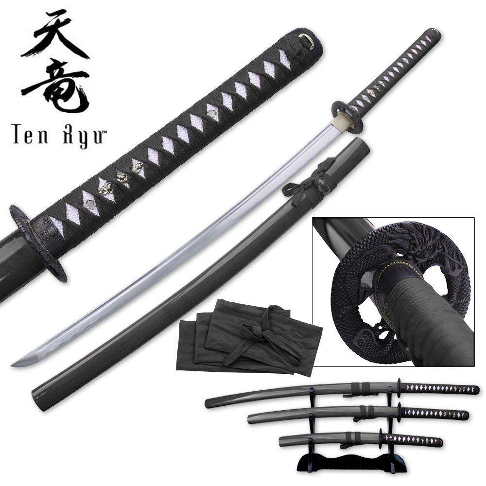 Ten Ryu - Hand Forged 3 Piece Samurai Sword Set with Display - TR-030BK4 3 Ten Ryu TR-030BK4 Handmade sword set